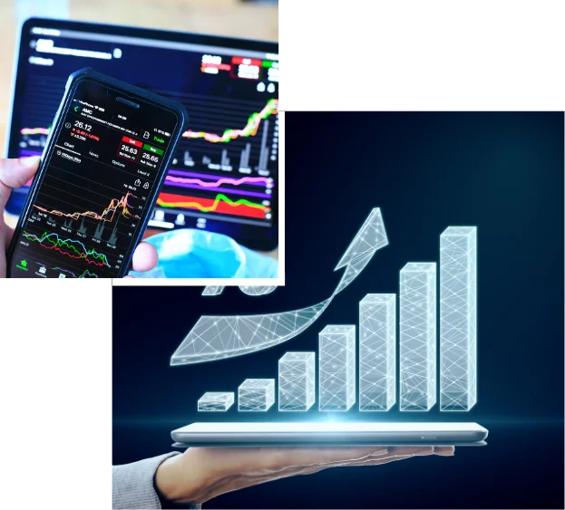 Smartphone showing stock prices in front of a monitor with market charts